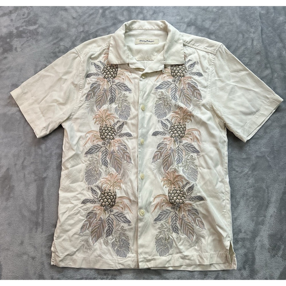 Tommy Bahama Shirt Men Small Embroidered Floral Silk Hawaiian Camp Pineapple Dad